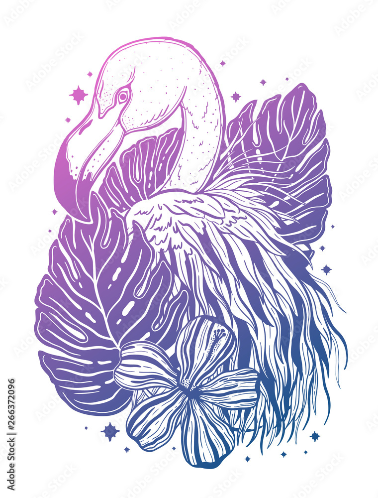 Flamingo tattoo tropical animal bird. Summer nature drawing. Gradient color  isolated ina white background. Stock Vector | Adobe Stock