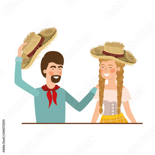 farmers couple talking with straw hat