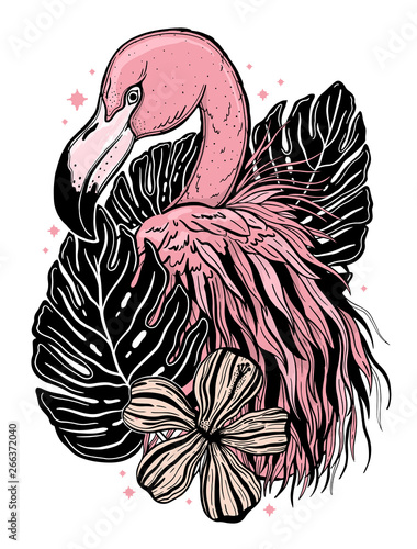 Flamingo tattoo tropical animal bird. Summer nature drawing. Black and pink color isolated ina white background.