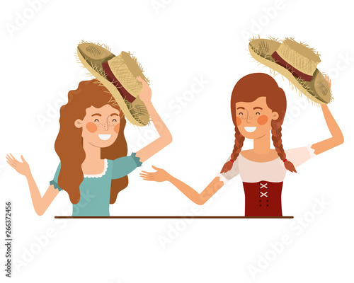 farmers women talking with straw hat
