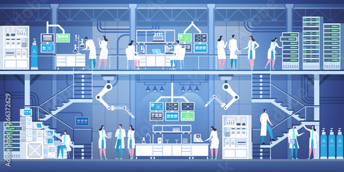 Professional scientists at modern laboratory interior. Vector illustration