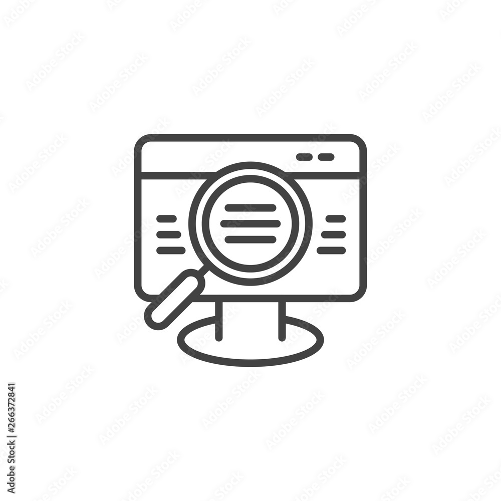 Search or zoom on computer desktop. Linear icon. Search or zoom on computer desktop. Linear icon.