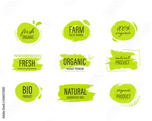 set of Organic label and natural label hand drawn brush. Tag and Sticker Farm fresh logo vegan food mark. photo