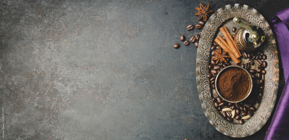 Fototapeta premium Coffee composition with vintage manual coffee grinder