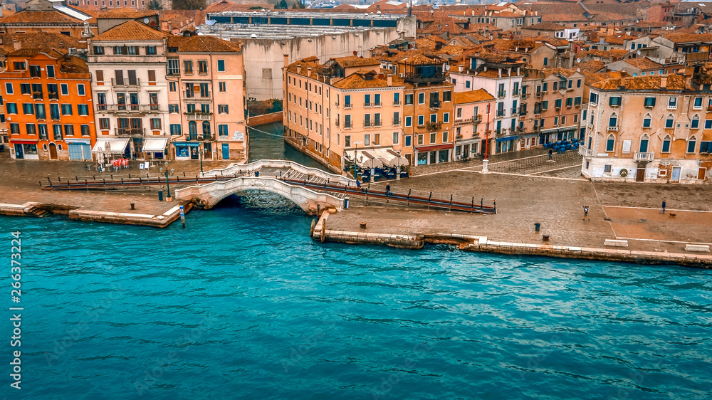 Cityscape of Venice from ship entering port through the Venetian Lagoon, Italy