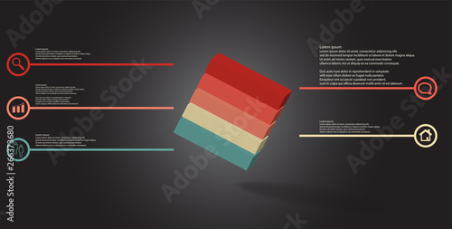 3D illustration infographic template with embossed cube askew arranged divided to five parts