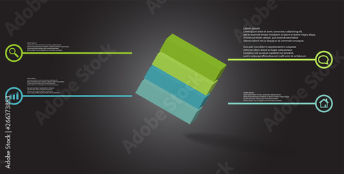 3D illustration infographic template with embossed cube askew arranged divided to four parts