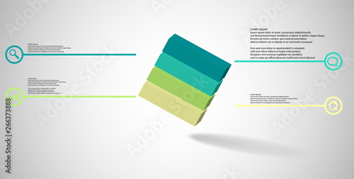 3D illustration infographic template with embossed cube askew arranged divided to four parts