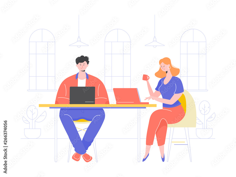 The guy and the girl work for laptops in a cafe or coworking. Designer and programmer organized a startup. Joint project, online training, web surfing, lunch break. Vector illustration.