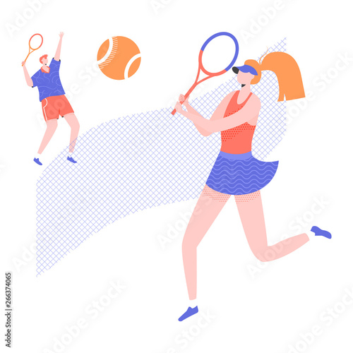 Man and woman play tennis on the court. The player gives the ball, the opponent is ready to beat back. Vector illustration.