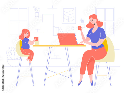 Mom and daughter in the living room. The girl plays with cubes, child development activity. Mom works on a laptop, freelance via the Internet. Evening idyll. Vector illustration in the interior © fedrunovan