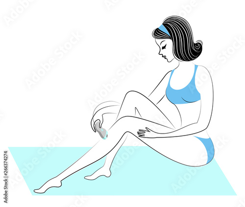 Profile of a beautiful lady. A girl makes a depilation of her legs by a epilator herself. Vector illustration