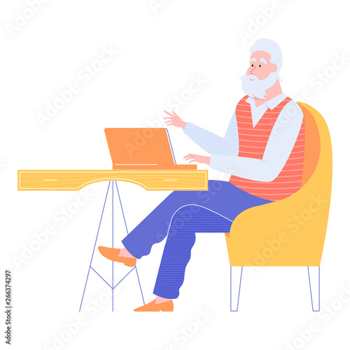 Gray-haired senior man at home working with a laptop. Internet surfing, online education, remote work. Active life in old age. Vector illustration.
