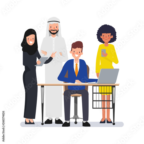 Teamwork of muslim arab people in office place. International corporate working.