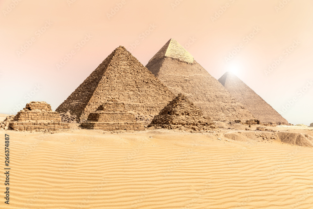 The Great Pyramids of Giza in the desert sands, Egypt