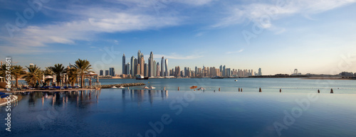 Panorama of Dubai Marina Skyline at sunset United Arab Emirates