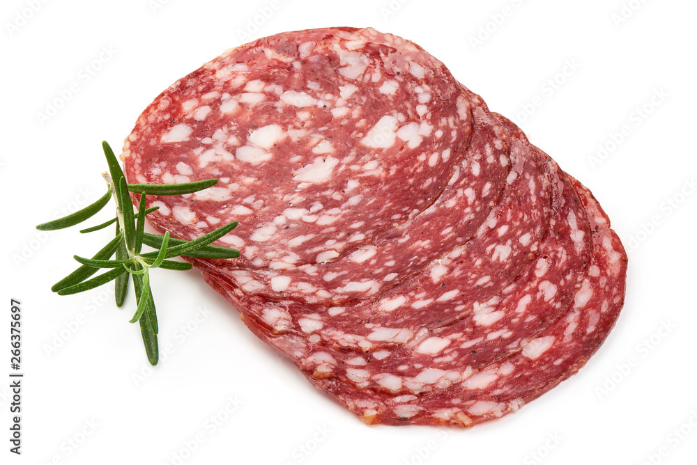 Sliced Milano salami, traditional dried sausage, jerked meat, close-up, isolated on white background Sliced Milano salami, traditional dried sausage, jerked meat, close-up, isolated on white background