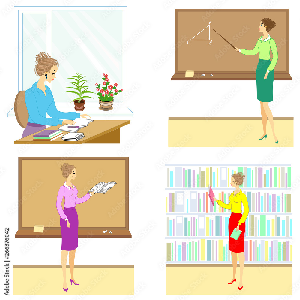 Collection. The work of the teacher at school. A woman at the blackboard, writing at the table, explains the lesson. Vector illustration set.