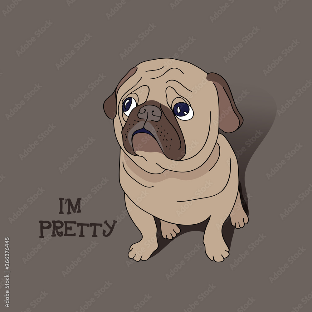 Funny cartoon pug puppy. Vector illustration.