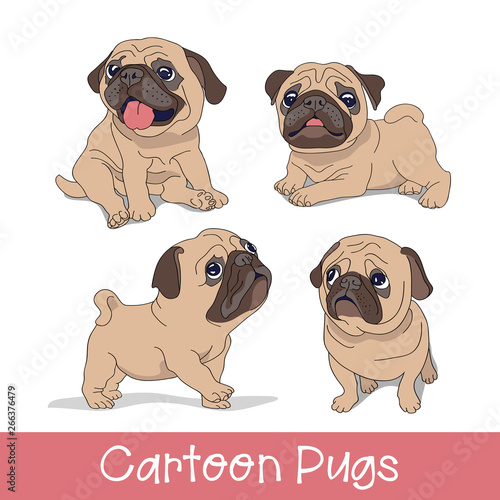 Set of the Funny cartoon pugs puppies. Vector illustration. © Afishka