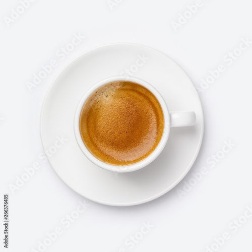 Cup of coffee on white background, flat lay