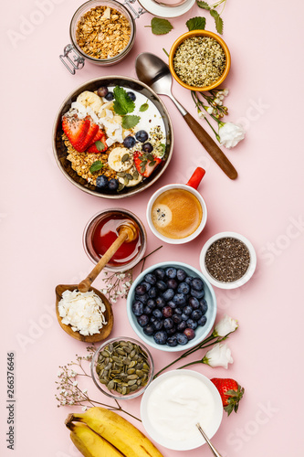Healthy breakfast set with coffee and granola