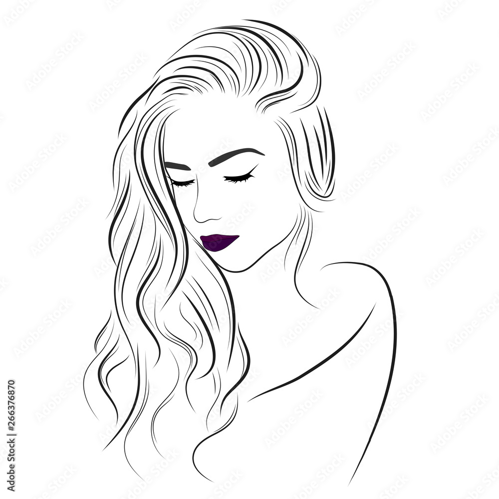 Vector sketch of a beautiful girl with long curly hair . Fashion  illustration. Woman's hair style Stock Vector | Adobe Stock