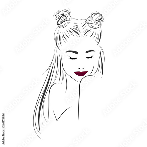 Vector sketch of a beautiful girl with long hair and top knot. Fashion illustration. Woman's hair style top knot