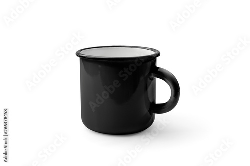 Black enamel mug isolated on white background. For your mock-up and branding. High resolution