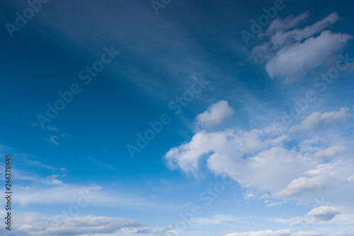 Beautiful bright blue sky with white fluffy clouds on a clear Sunny day
