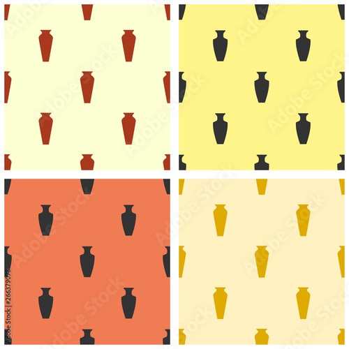 Collection of simple tranquil seamless patterns with jugs and vases. Vector illustration