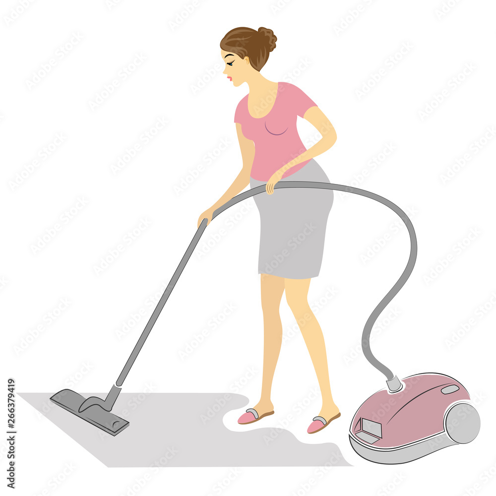 Profile of a cute pregnant lady. Clean the room with a vacuum cleaner ...