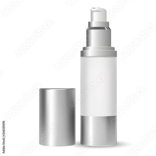 Pump Bottle. Beauty Cosmetic Container. 3d Vector illustration. White Glass Packaging with Dispenser Pump for Moisturizer or Serum Product. Hygiene Liquid Cosmetics Can Mockup.