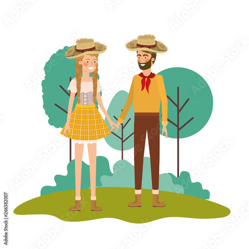 farmers couple talking with straw hat in landscape