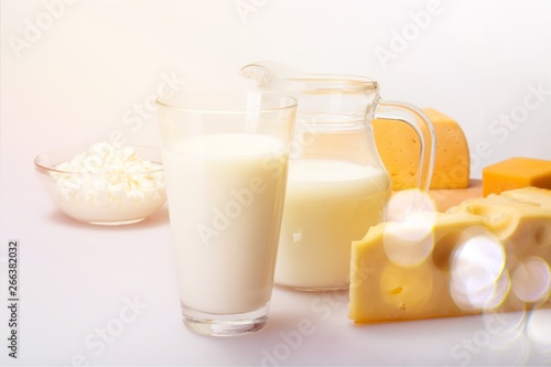 Dairy Products- Cheeses and Milk on the Grey Background