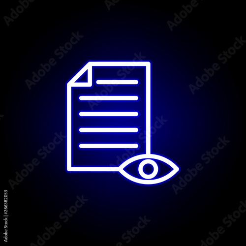 proof reading, eye, page icon in neon style. Can be used for web, logo, mobile app, UI, UX
