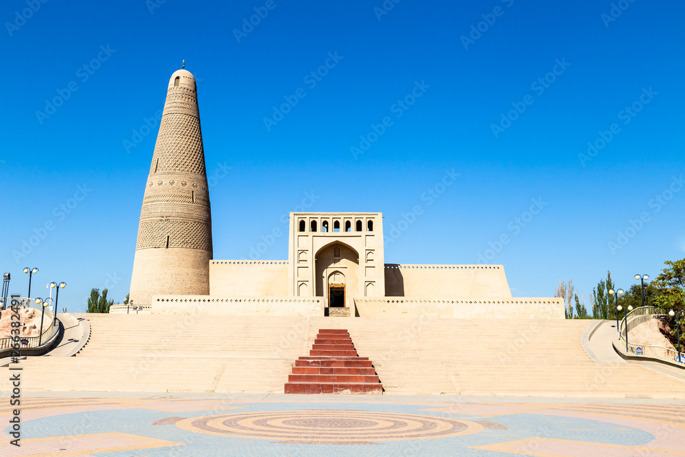 Emin minaret, or Sugong tower, in Turpan, is the largest ancient Islamic tower in Xinjiang, China. Built in 1777, its grey bricks form 15 different patterns such as waves, flowers or rhombuses