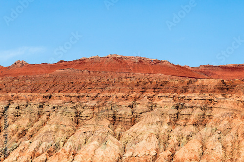 Flaming mountains, Turpan, Xinjiang, China: the top of these famous mountains that also appear in the Chinese epic “Journey to the west” is a deep red and similar to scorching flames