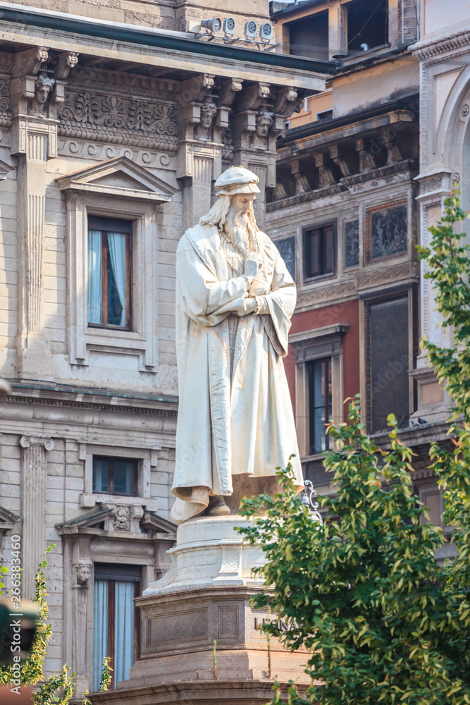 Leonardo's monument on Piazza Della Scala, Milan, Italy