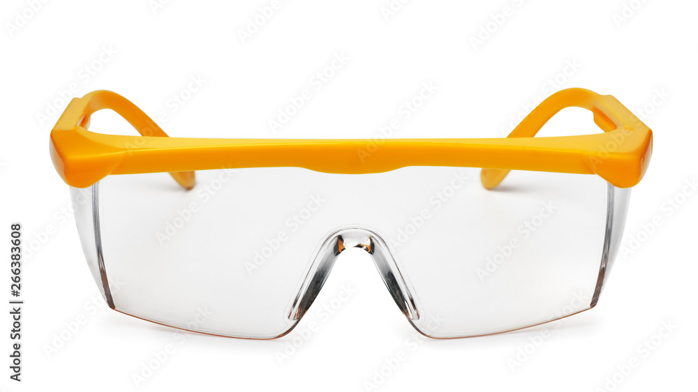 Front view of yellow plastic safety goggles - obrazy, fototapety, plakaty 