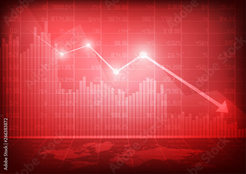 Vector : Decreasing business graph with world map on red stock board