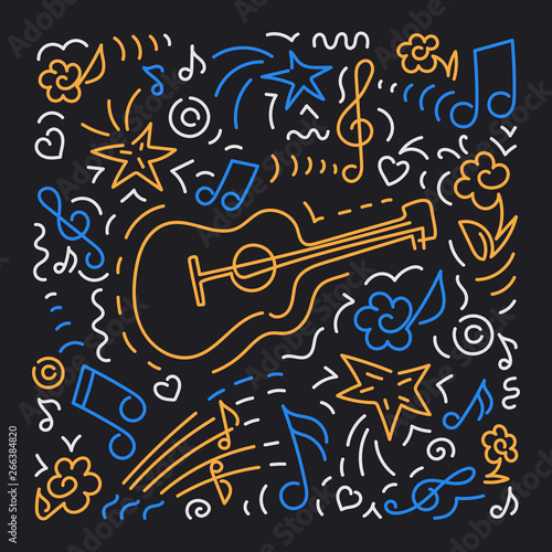 Doodle vector background, acoustic guitar. Poster music concert, festival.