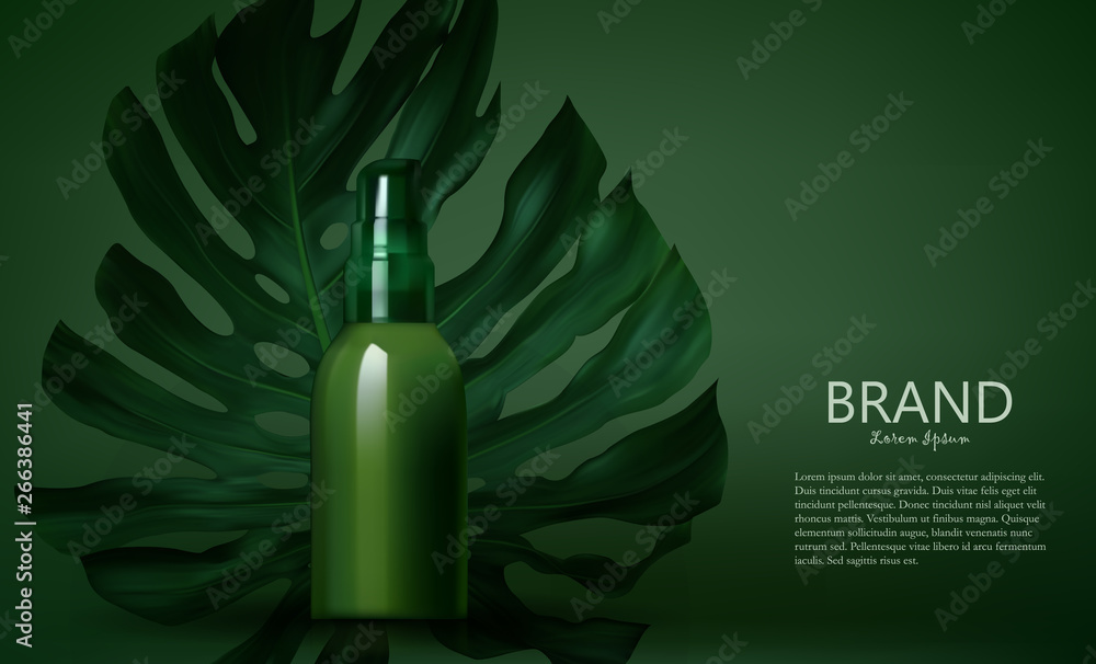 Product bottle of Cosmetic on a background of green leaves