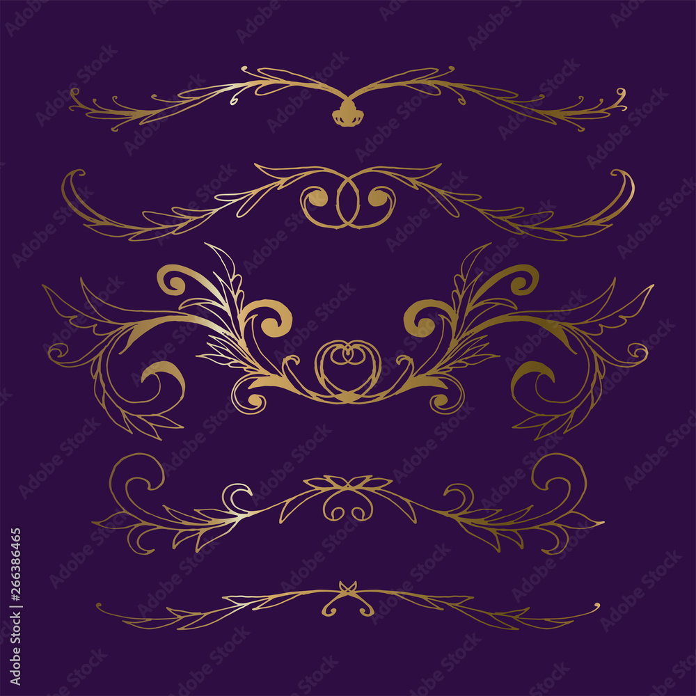 A set of hand-drawn ornament in gold color.
