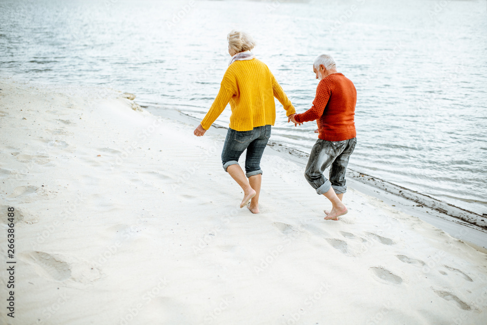 Lovely senior couple dressed in colorful sweaters walking on the sandy beach, enjoying free time during retirement near the sea. Rear view