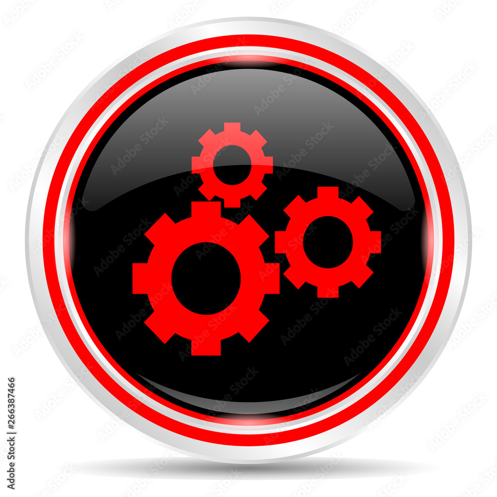 Gear icon. Round metal web button, black and red. Gear icon. Round metal web button, black and red.
