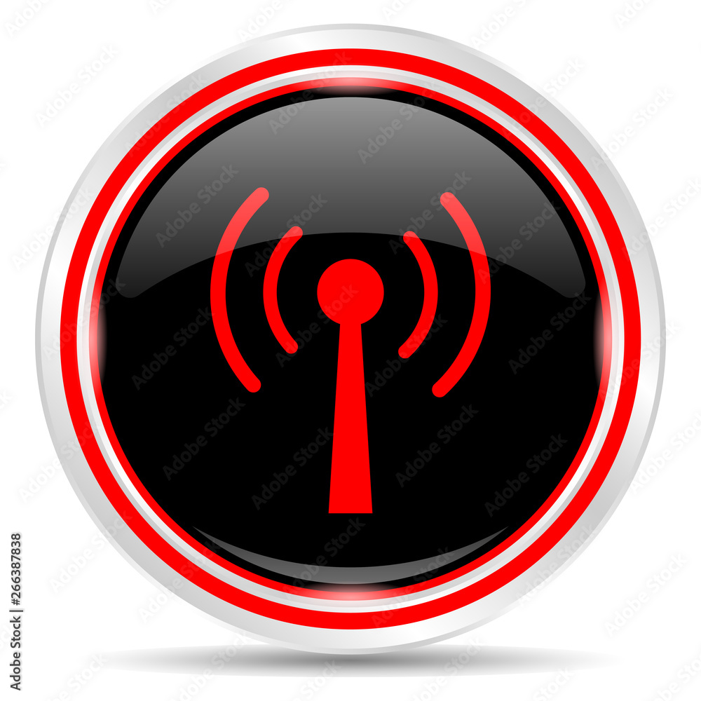 WI fi icon. Round metal web button, black and red. WI fi icon. Round metal web button, black and red.