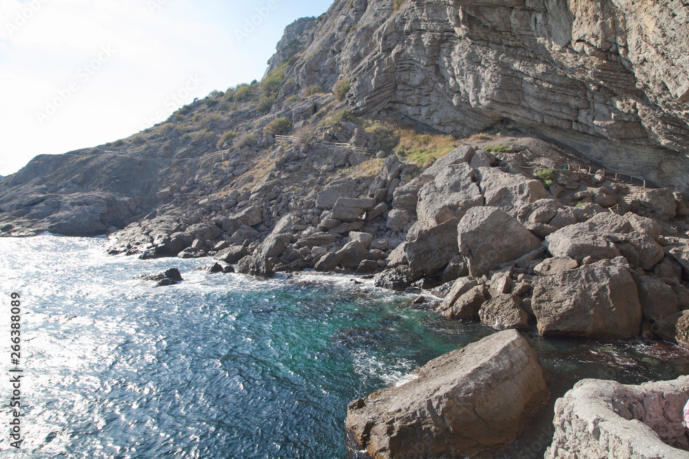 Scenic view of the sea beach, landmark of Crimea. Amazing tropical nature with coast.