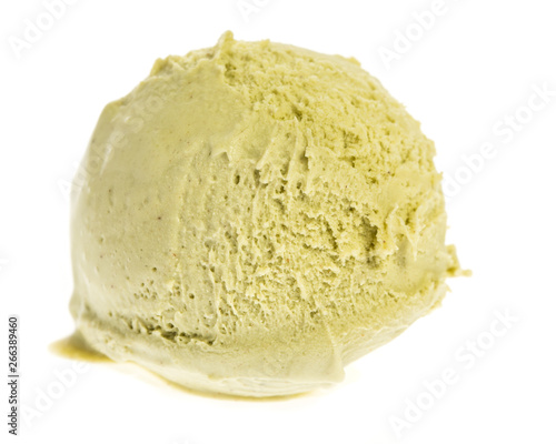 single pistachio ice cream scoop isolated on white background