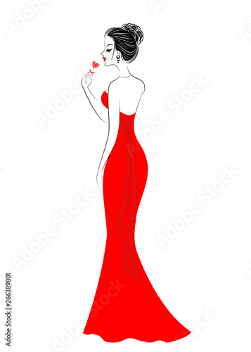 Silhouette of a sweet lady in a red dress. A girl is eating candy  a red lollipop in the shape of a heart. A gift for Valentine s Day. Vector illustration